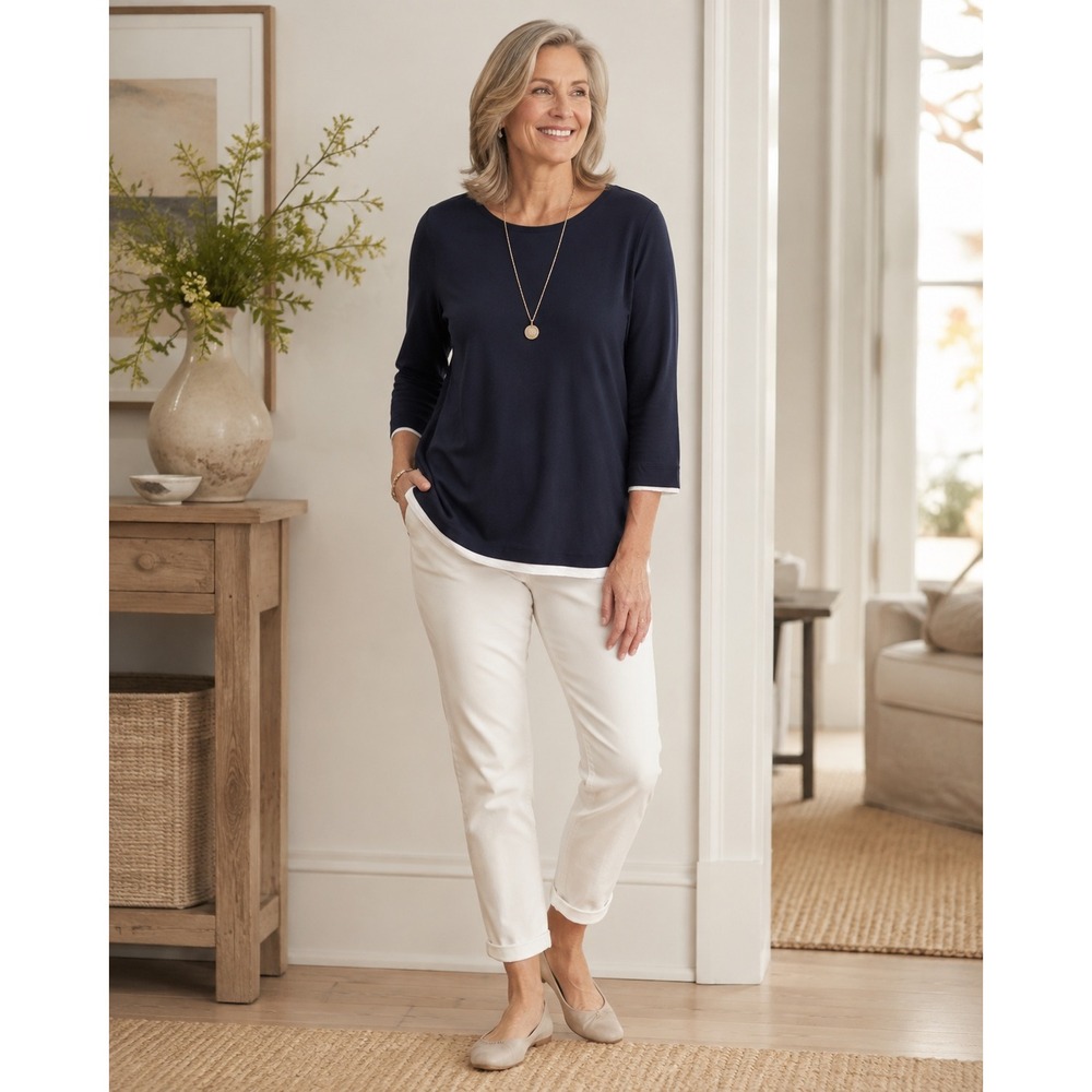 J. Jill Womens Navy Blue Layered Look 3/4 Sleeve Cotton Modal Knit Top Small